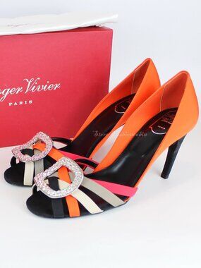 Roger Vivier Orange Black Pink Cream Strappy Crystal Buckle Sandals